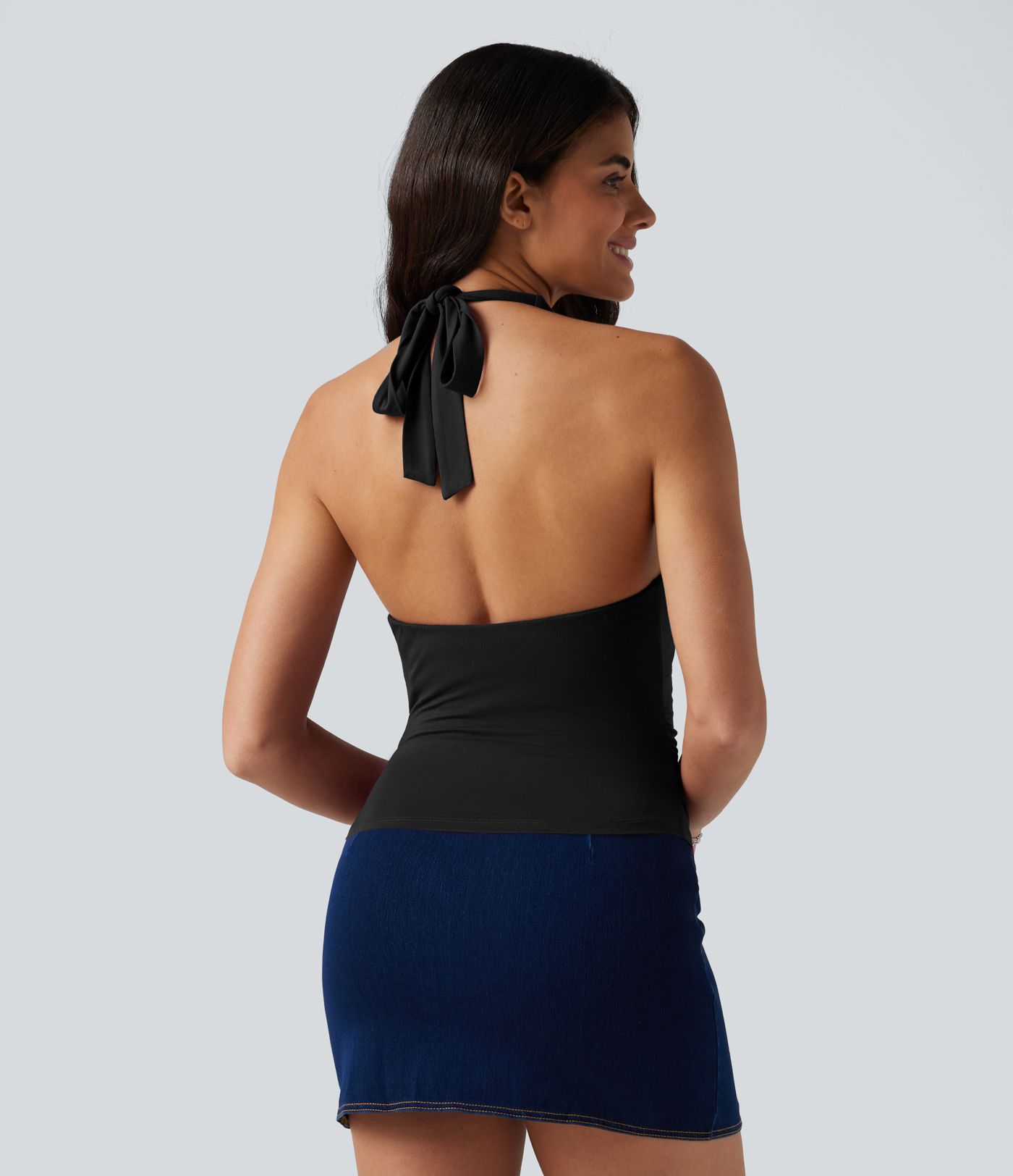 Halter Tie Back Built-in Bra Ruched Casual Tank Top Halter Tie Back Built-in Bra Ruched Casual Tank Top