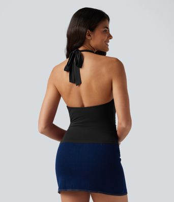 Halter Tie Back Built-in Bra Ruched Casual Tank Top Halter Tie Back Built-in Bra Ruched Casual Tank Top