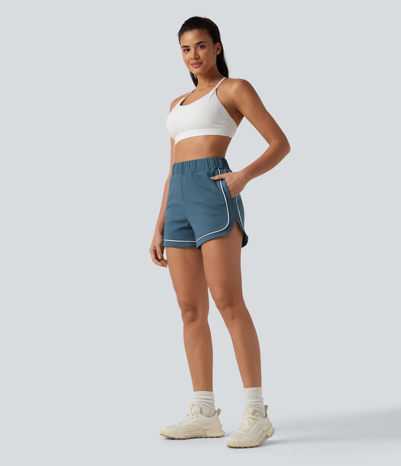 High Waisted Color Block Side Stripe Baggy Yoga Shorts 3'' with Pockets High Waisted Color Block Side Stripe Baggy Yoga Shorts 3'' with Pockets