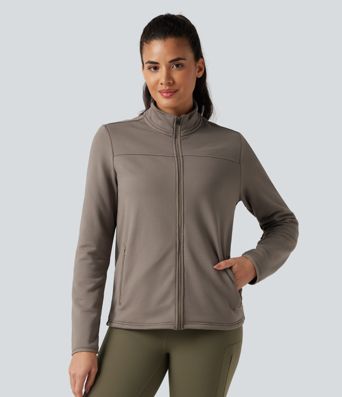 Stand Collar Long Sleeve Zip Fly Fleece Hiking Jacket with Pockets