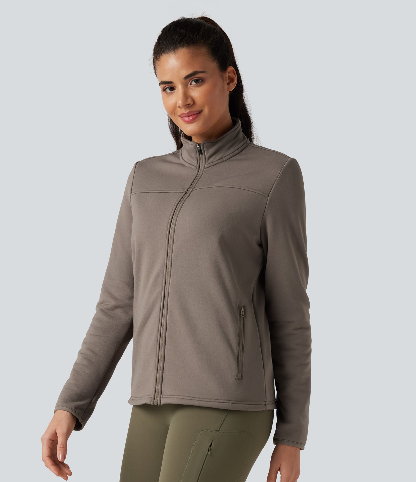 Stand Collar Long Sleeve Zip Fly Fleece Hiking Jacket with Pockets