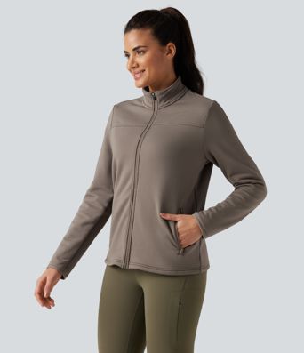 Stand Collar Long Sleeve Zip Fly Fleece Hiking Jacket with Pockets