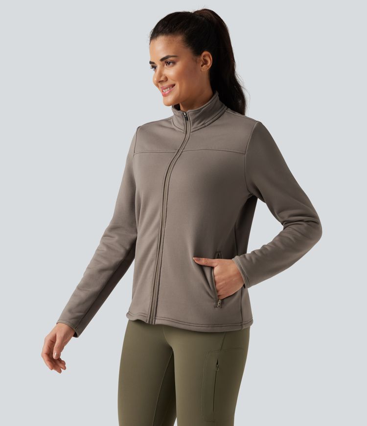 Stand Collar Long Sleeve Zip Fly Fleece Hiking Jacket with Pockets