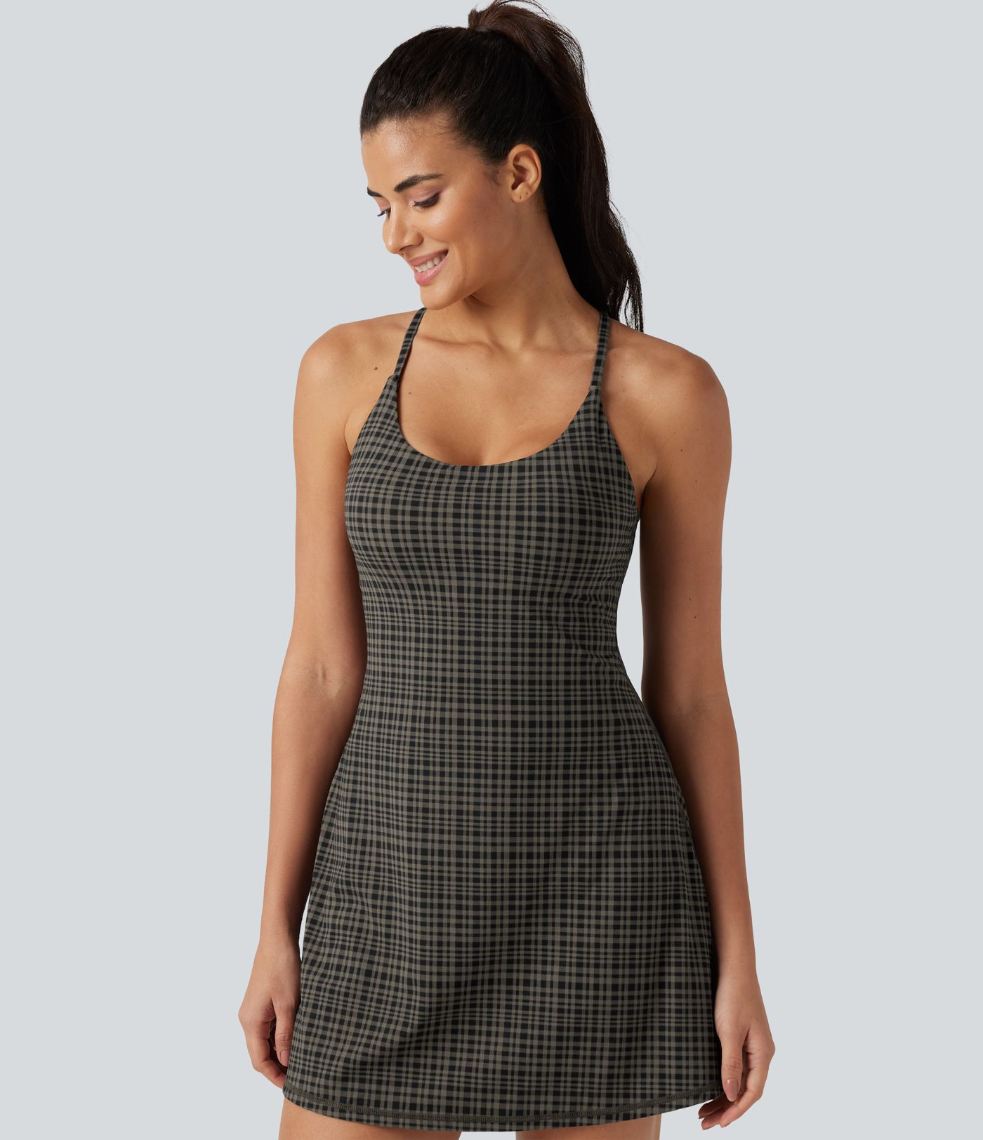 Halara UltraSculpt™ Plaid Print Built-in Bra 2-in-1 Mini Dance Active Dress with Pockets-Easy Peezy Edition