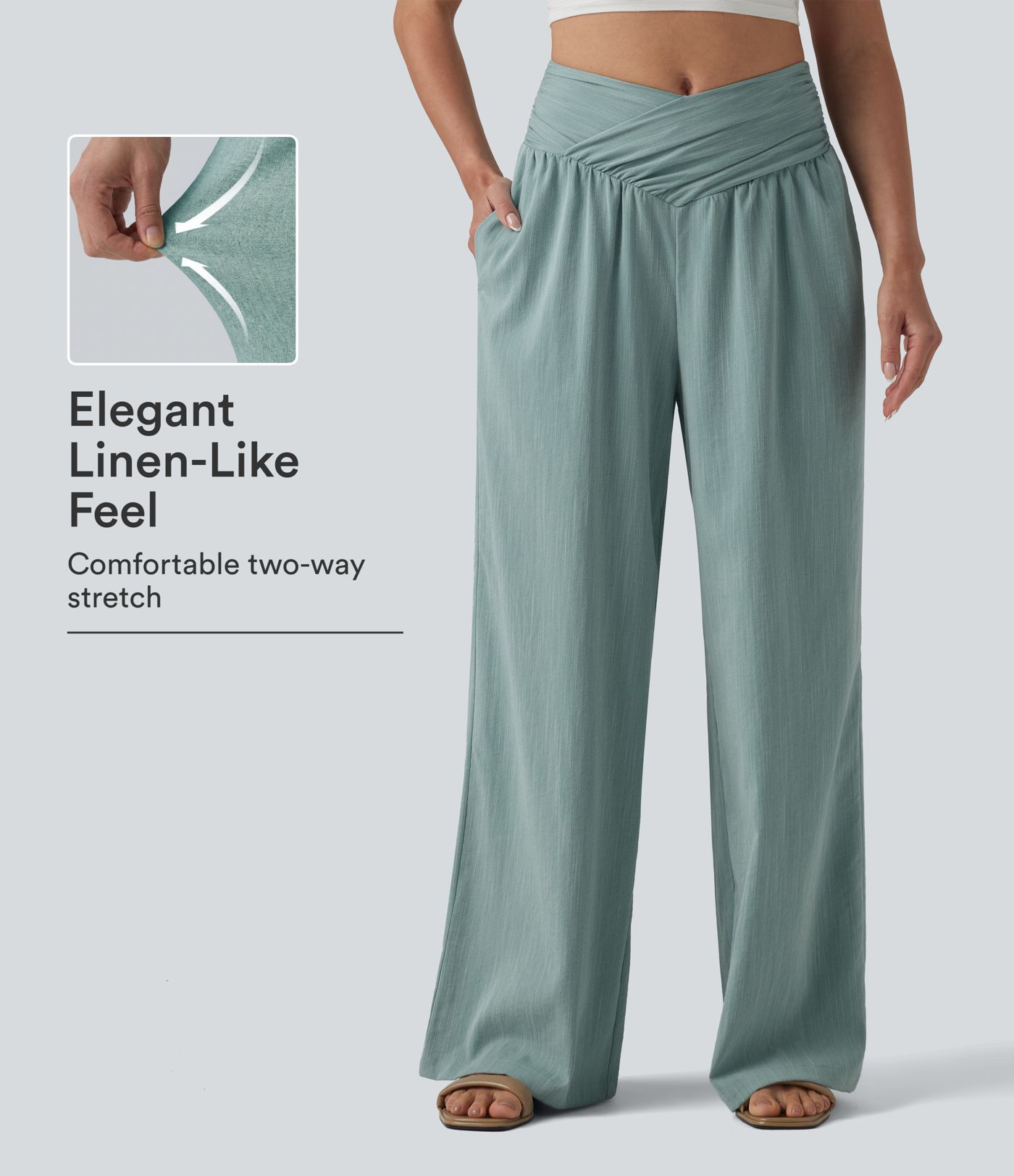Crossover High-waisted Ruched Casual Linen-Feel Baggy Pants with Pockets Crossover High-waisted Ruched Casual Linen-Feel Baggy Pants with Pockets