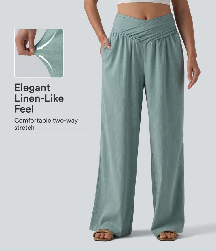 Crossover High-waisted Ruched Casual Linen-Feel Baggy Pants with Pockets Crossover High-waisted Ruched Casual Linen-Feel Baggy Pants with Pockets