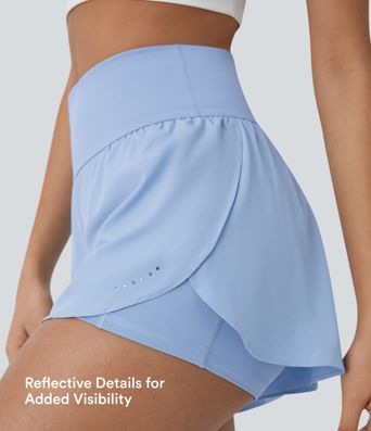 SoftlyZero™ QuickDry High Waisted Tummy Control Reflective Dots Crossover Hem 2-in-1 Running Shorts 3'' with Pockets SoftlyZero™ QuickDry High Waisted Tummy Control Reflective Dots Crossover Hem 2-in-1 Running Shorts 3'' with Pockets
