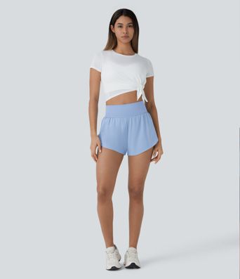 SoftlyZero™ QuickDry High Waisted Tummy Control Reflective Dots Crossover Hem 2-in-1 Running Shorts 3'' with Pockets SoftlyZero™ QuickDry High Waisted Tummy Control Reflective Dots Crossover Hem 2-in-1 Running Shorts 3'' with Pockets