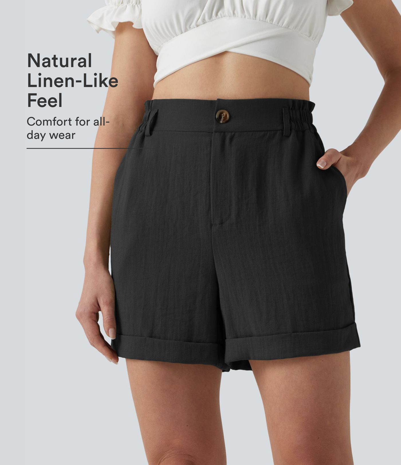 High Waisted Rolled Hem Linen-Feel Resort Shorts 5'' with Pockets High Waisted Rolled Hem Linen-Feel Resort Shorts 5'' with Pockets