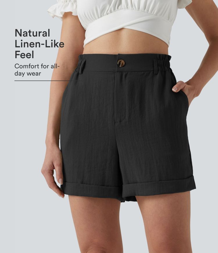 High Waisted Rolled Hem Linen-Feel Resort Shorts 5'' with Pockets High Waisted Rolled Hem Linen-Feel Resort Shorts 5'' with Pockets