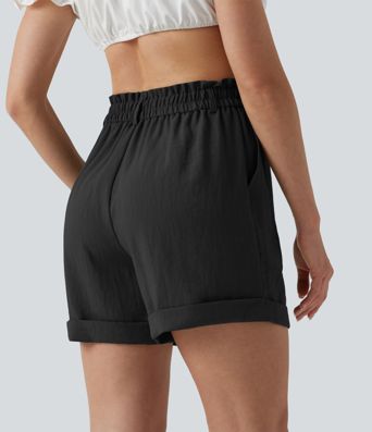 High Waisted Rolled Hem Linen-Feel Resort Shorts 5'' with Pockets High Waisted Rolled Hem Linen-Feel Resort Shorts 5'' with Pockets