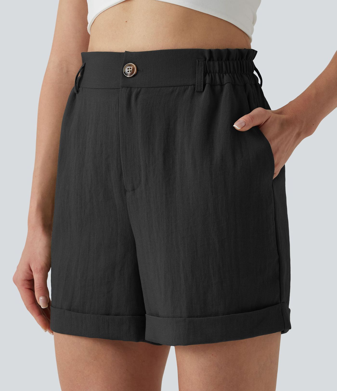 High Waisted Rolled Hem Linen-Feel Resort Shorts 5'' with Pockets High Waisted Rolled Hem Linen-Feel Resort Shorts 5'' with Pockets