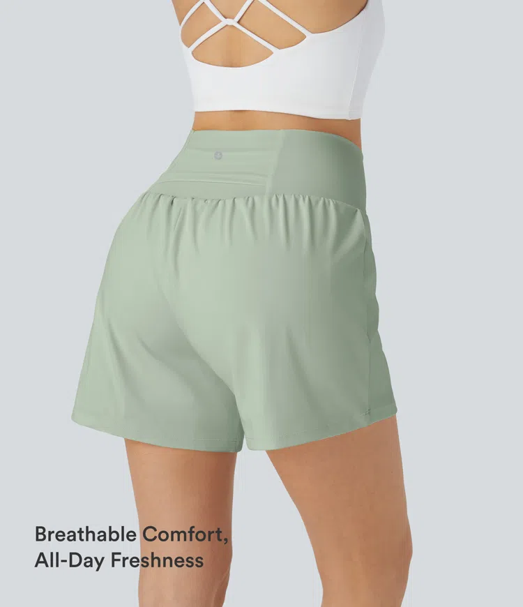 Light Bean Green SoftlyZero™ Airy Super High Waisted 2-in-1 InstantCool Yoga Shorts 5'' with Pockets-Longer Length / 2