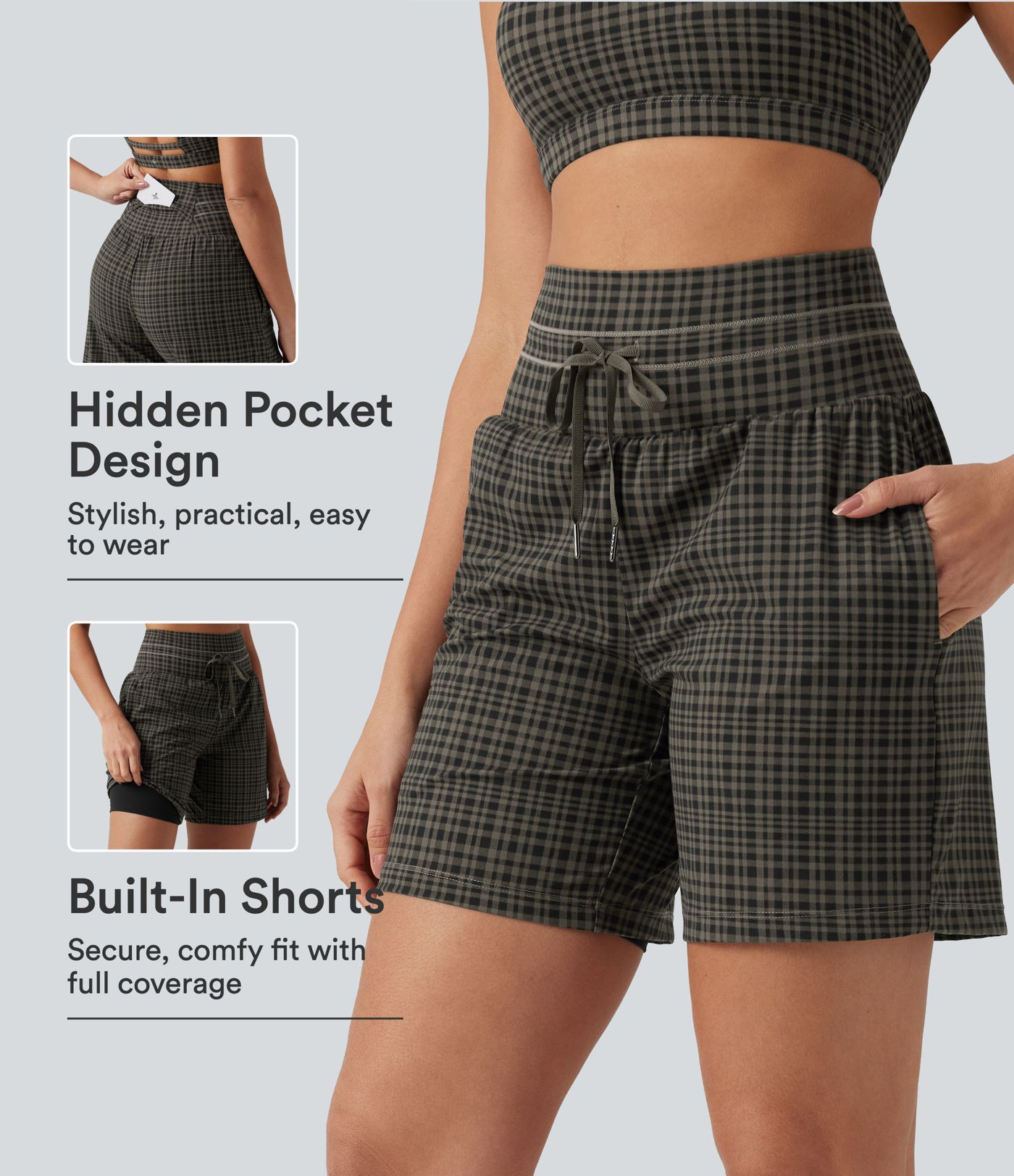 Halara UltraSculpt™ Plaid Ultra High-Waist Drawstring 2-in-1 Yoga Shorts 7" with Pockets Halara UltraSculpt™ Plaid Ultra High-Waist Drawstring 2-in-1 Yoga Shorts 7" with Pockets