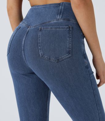 Halara Flex™ gewaschene, lässige Crossover-Flare-Jeans aus elastischem Strick-Denim mit Seitentaschen Halara Flex™ gewaschene, lässige Crossover-Flare-Jeans aus elastischem Strick-Denim mit Seitentaschen