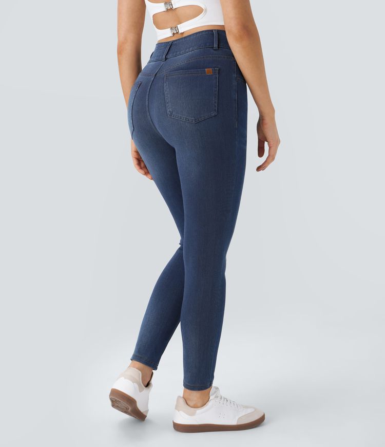 Halara Flex™ Lässige Skinny-Jeans aus elastischem Strick-Denim mit hohem Bund, Knopfreißverschluss und mehreren Taschen