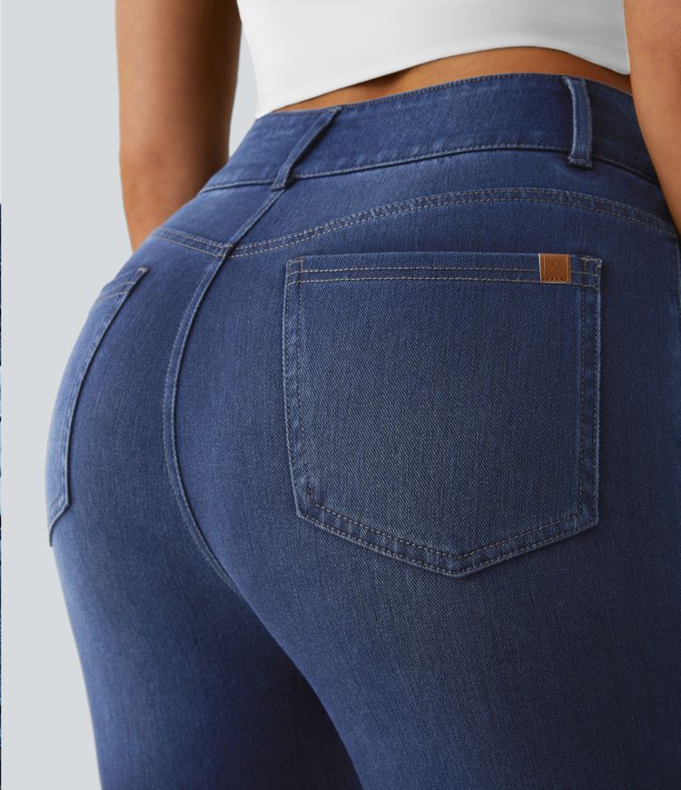 Halara Flex™ Lässige Skinny-Jeans aus elastischem Strick-Denim mit hohem Bund, Knopfreißverschluss und mehreren Taschen