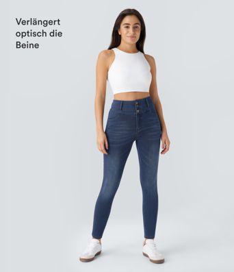 Halara Flex™ Lässige Skinny-Jeans aus elastischem Strick-Denim mit hohem Bund, Knopfreißverschluss und mehreren Taschen