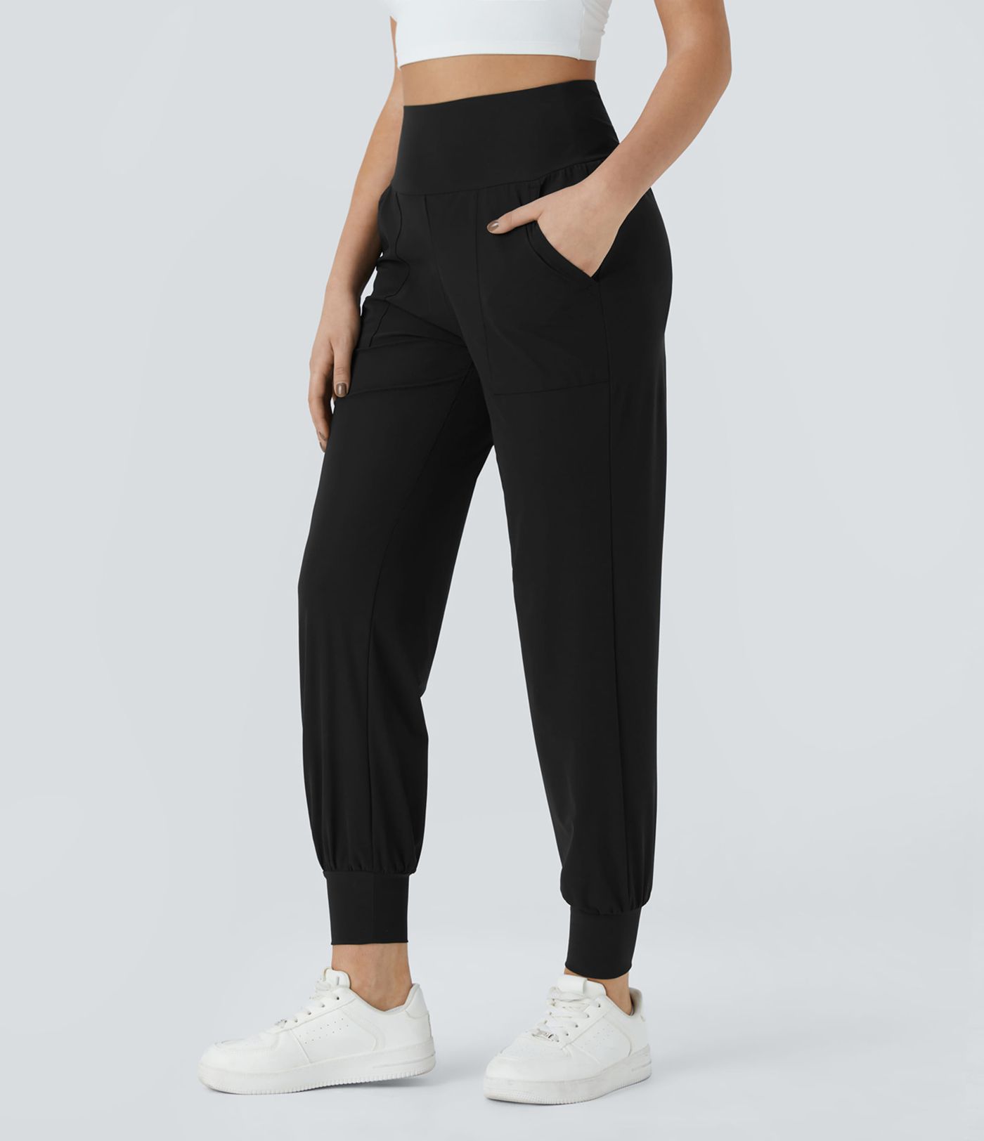High Waisted Plain Side Pocket Casual Joggers