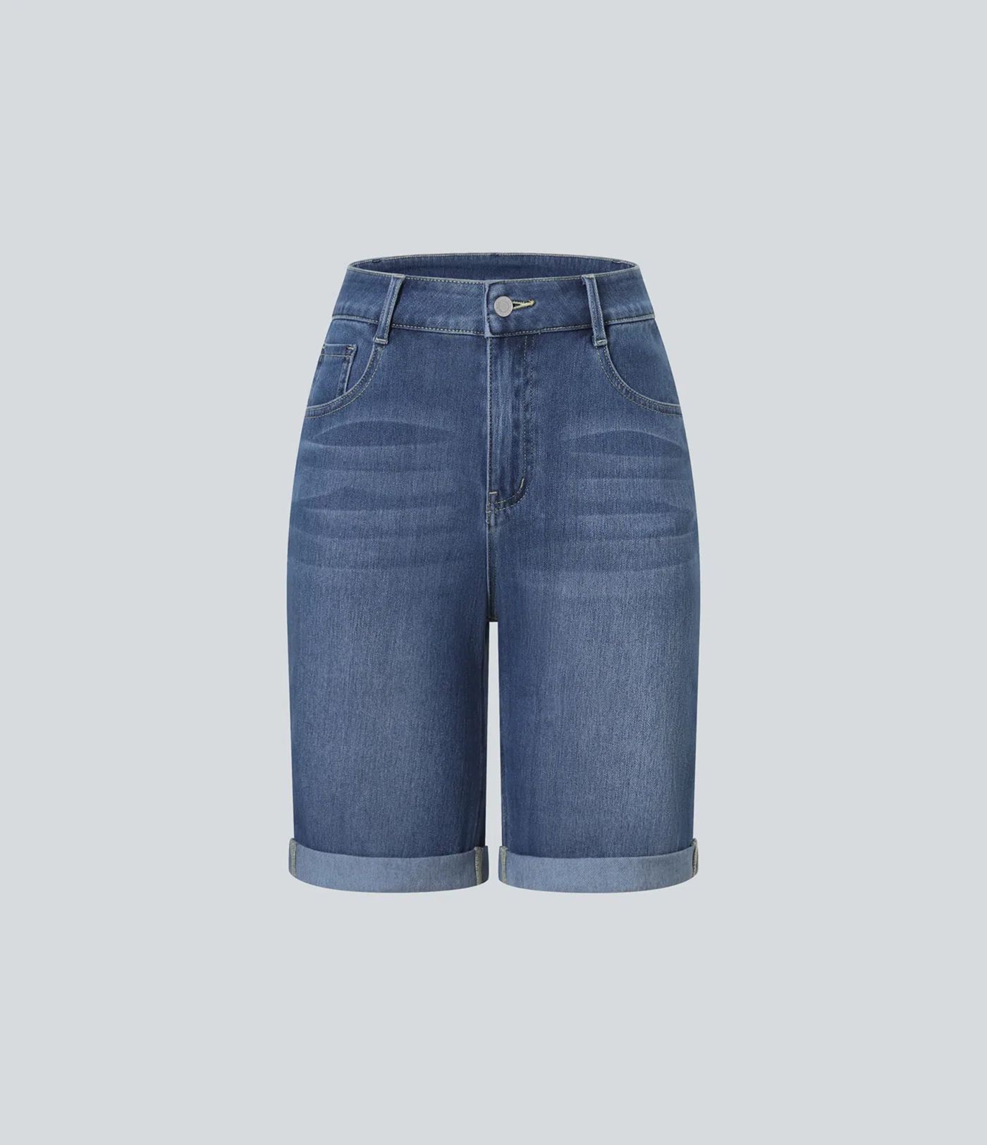 Halara Flex™ High Waisted Pockets Rolled Hem Washed Denim Casual Bermuda Shorts