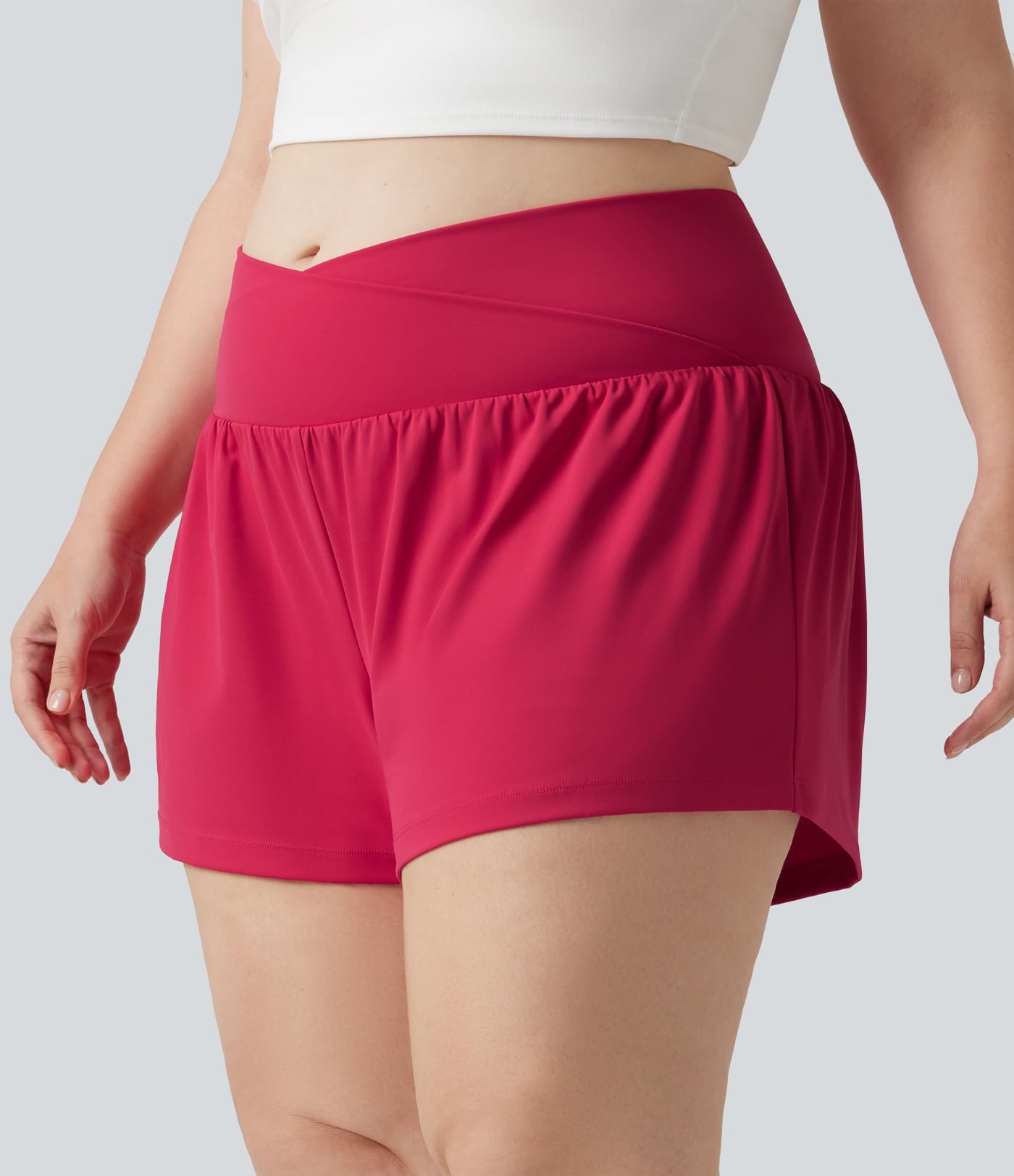 SoftlyZero™ Airy Crossover High Waisted 2-in-1 Cool Touch Yoga Plus Size Shorts 3'' with Pockets