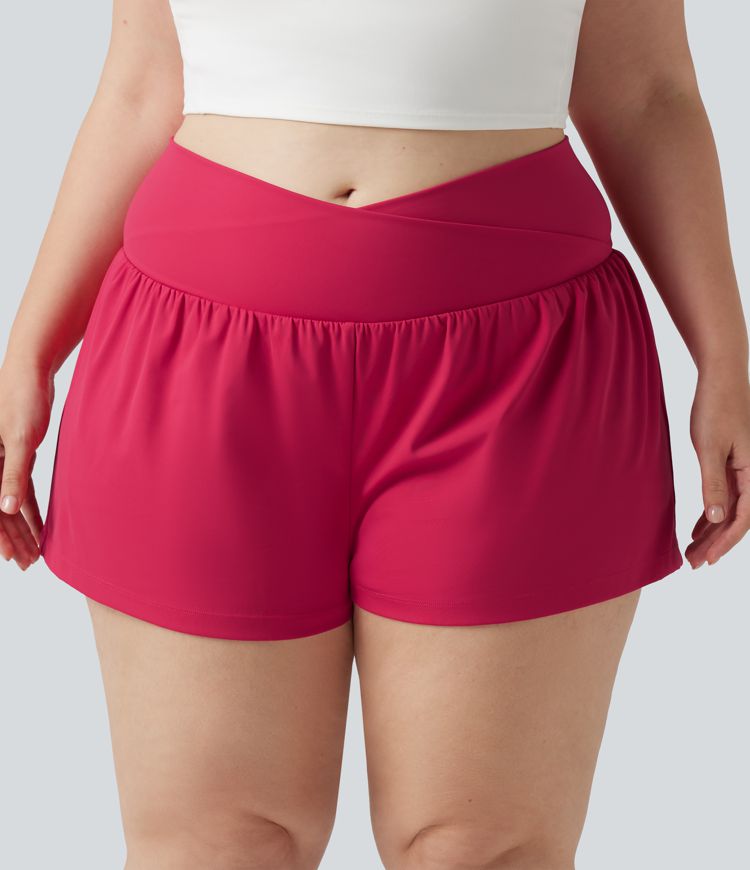 SoftlyZero™ Airy Crossover High Waisted 2-in-1 Cool Touch Yoga Plus Size Shorts 3'' with Pockets
