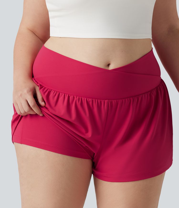 SoftlyZero™ Airy Crossover High Waisted 2-in-1 Cool Touch Yoga Plus Size Shorts 3'' with Pockets