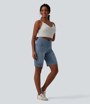 Short en jean Halara Flex™ casual gainant taille haute croisée avec poches Short en jean Halara Flex™ casual gainant taille haute croisée avec poches