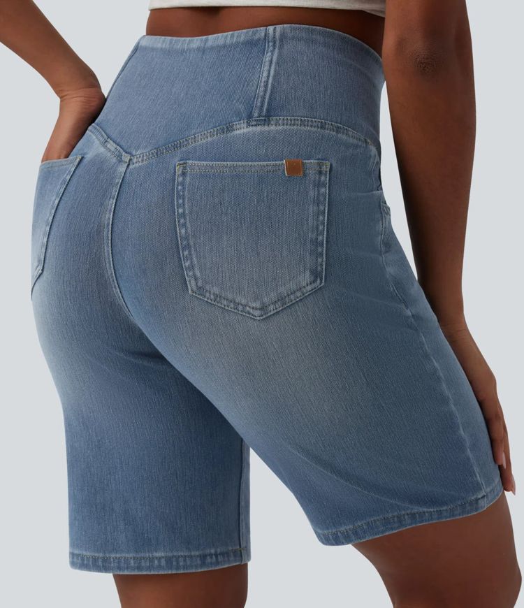 Short en jean Halara Flex™ casual gainant taille haute croisée avec poches Short en jean Halara Flex™ casual gainant taille haute croisée avec poches