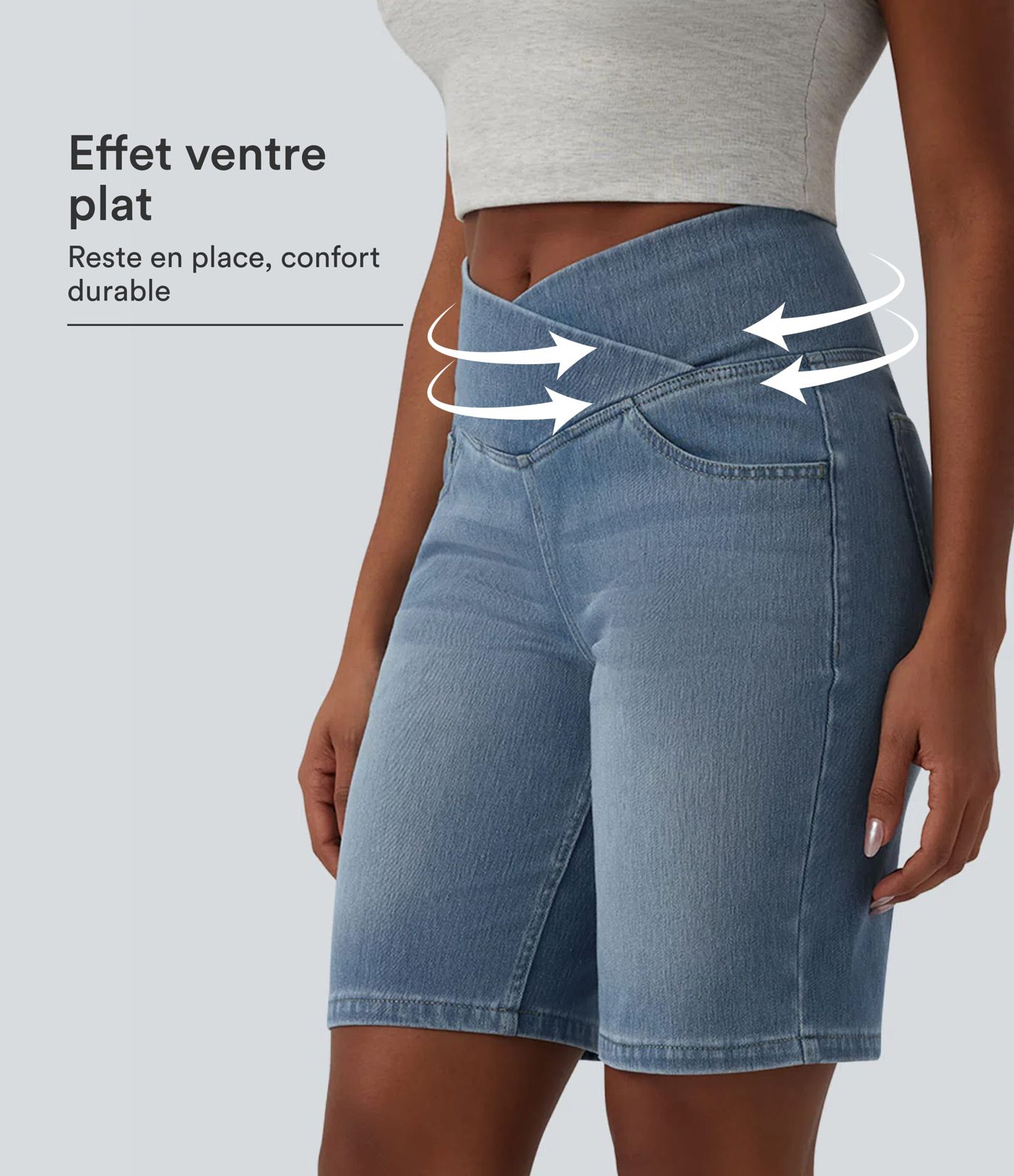 Short en jean Halara Flex™ casual gainant taille haute croisée avec poches Short en jean Halara Flex™ casual gainant taille haute croisée avec poches