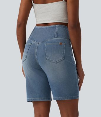 Short en jean Halara Flex™ casual gainant taille haute croisée avec poches Short en jean Halara Flex™ casual gainant taille haute croisée avec poches