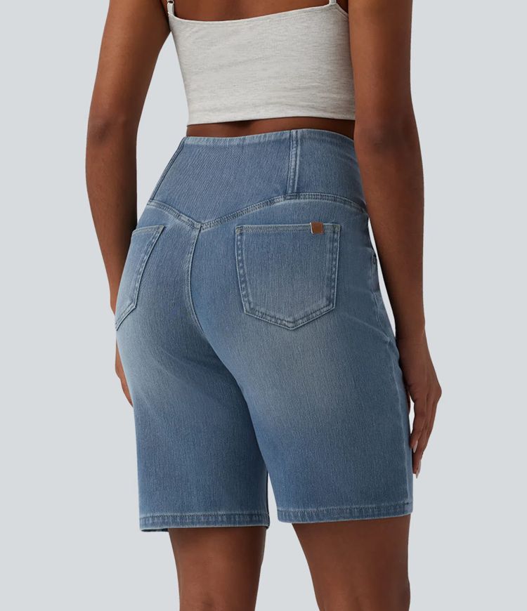 Short en jean Halara Flex™ casual gainant taille haute croisée avec poches Short en jean Halara Flex™ casual gainant taille haute croisée avec poches