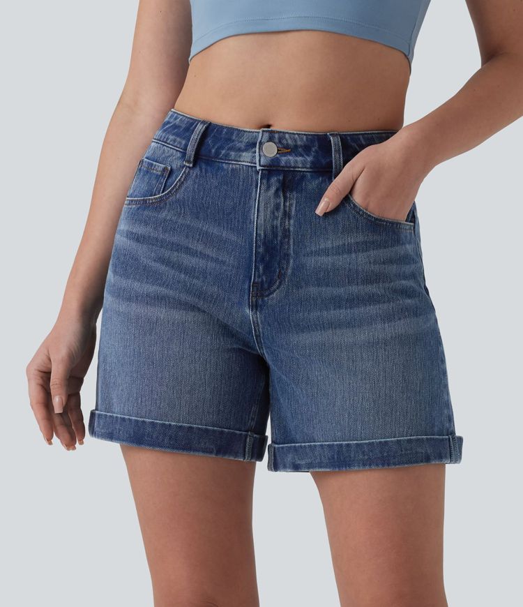 Halara Flex™ - Lässige Jeans mit mittelhohem Bund, mehreren Taschen und gerolltem Saum - 12,7cm