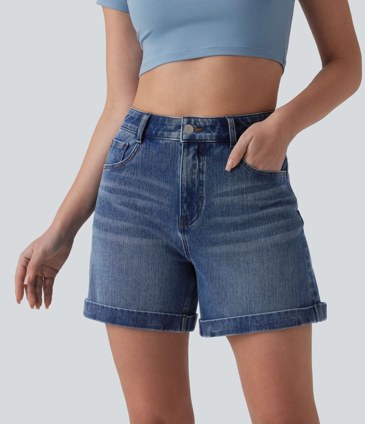 Halara Flex™ - Lässige Jeans mit mittelhohem Bund, mehreren Taschen und gerolltem Saum - 12,7cm