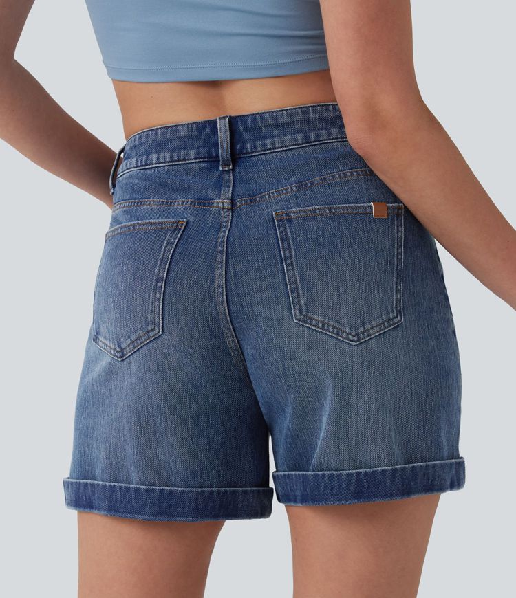 Halara Flex™ - Lässige Jeans mit mittelhohem Bund, mehreren Taschen und gerolltem Saum - 12,7cm