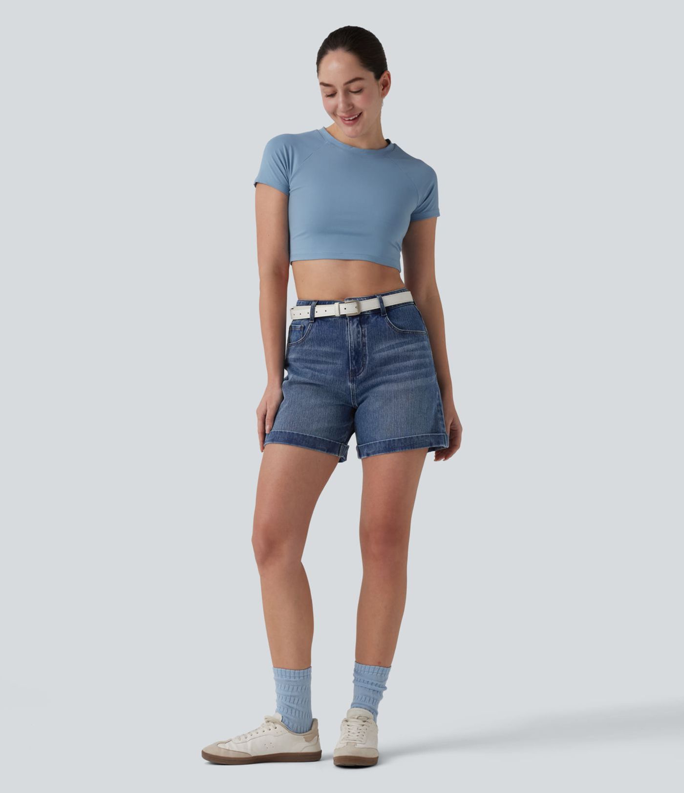 Halara Flex™ - Lässige Jeans mit mittelhohem Bund, mehreren Taschen und gerolltem Saum - 12,7cm