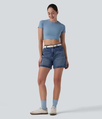 Halara Flex™ - Lässige Jeans mit mittelhohem Bund, mehreren Taschen und gerolltem Saum - 12,7cm