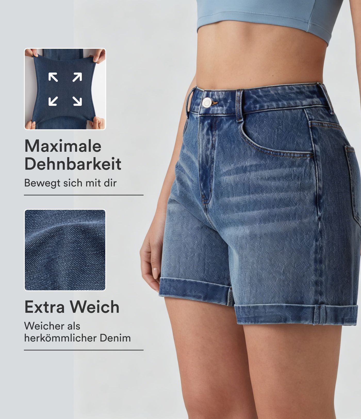 Halara Flex™ - Lässige Jeans mit mittelhohem Bund, mehreren Taschen und gerolltem Saum - 12,7cm