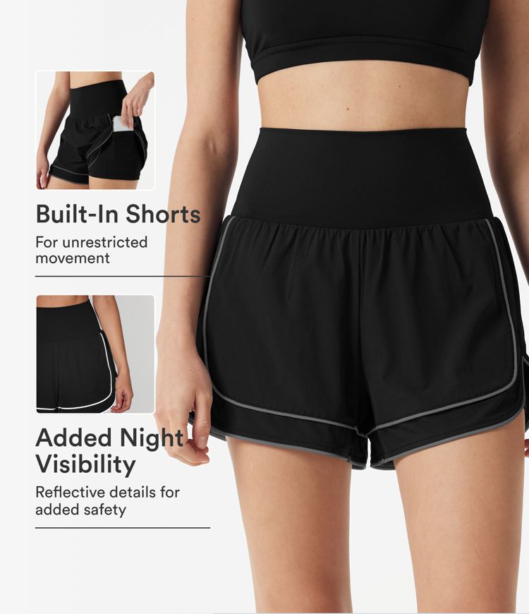 Breezeful™ High-waisted Curved Hem 2-in-1 Reflective Lines Quick Dry Yoga Baggy Shorts with Pockets Breezeful™ High-waisted Curved Hem 2-in-1 Reflective Lines Quick Dry Yoga Baggy Shorts with Pockets