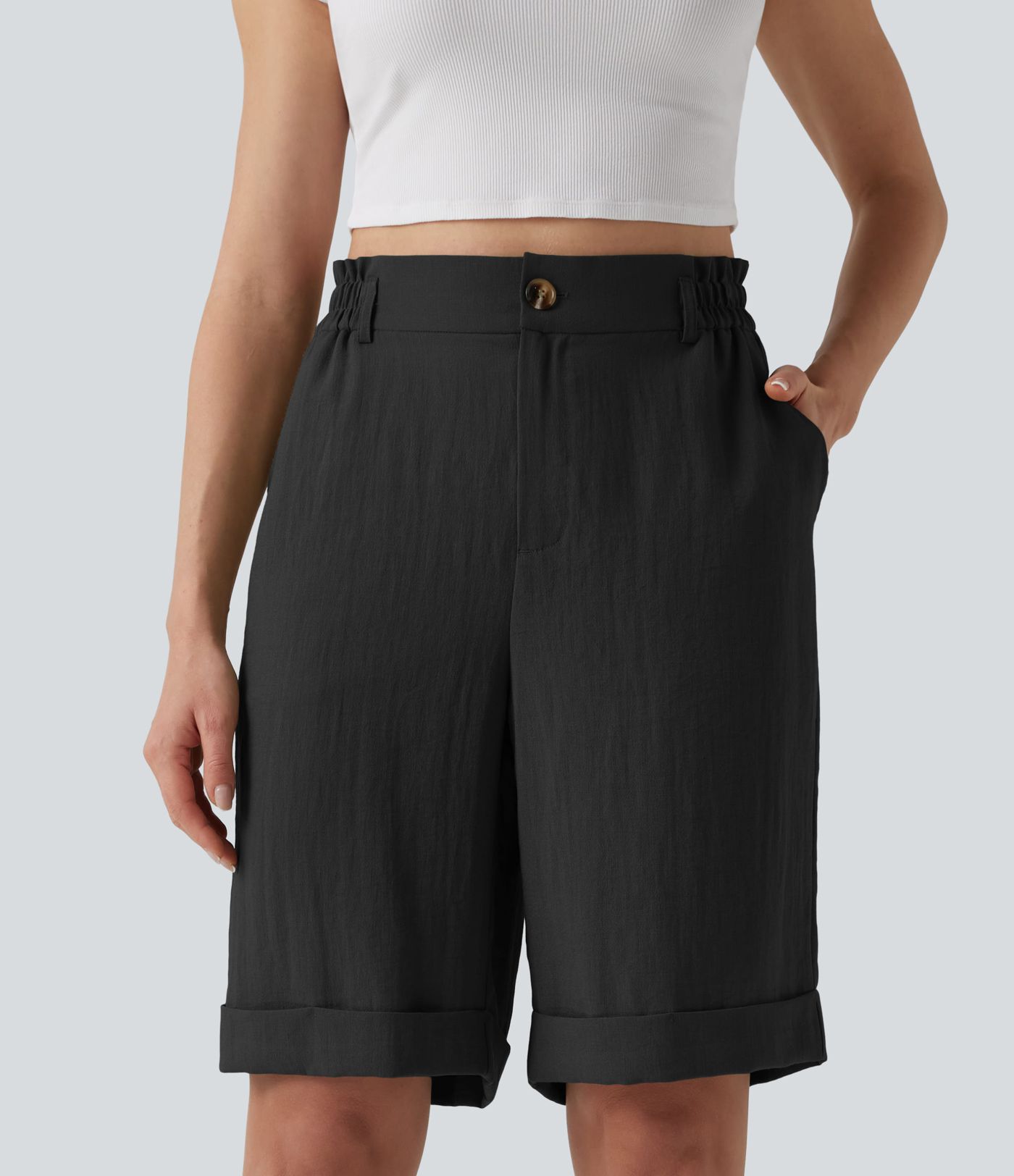 Urlaubs-Bermuda-Shorts in Leinenoptik mit hohem Bund, Seitentaschen und umgeschlagenem Saum
