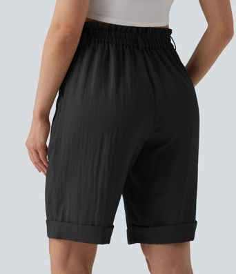 Urlaubs-Bermuda-Shorts in Leinenoptik mit hohem Bund, Seitentaschen und umgeschlagenem Saum