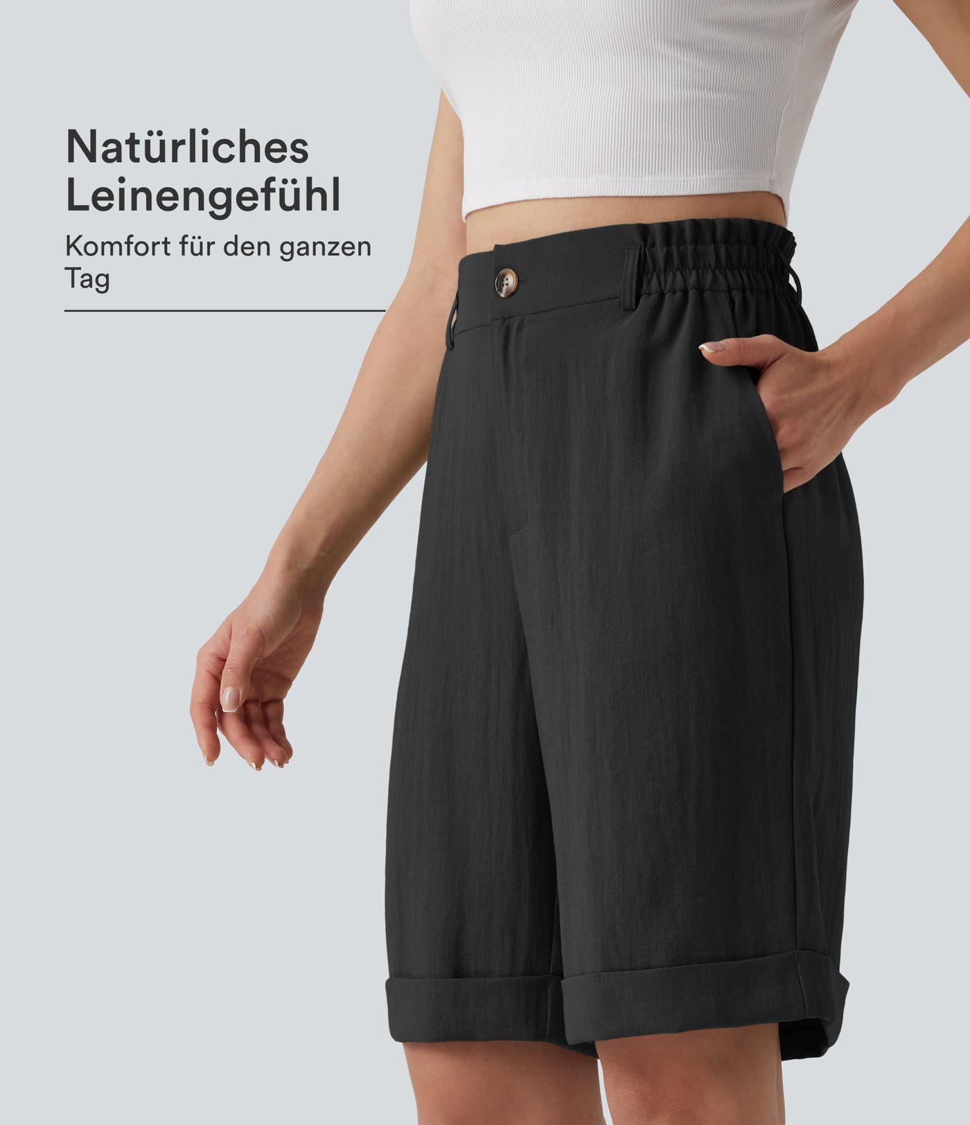 Urlaubs-Bermuda-Shorts in Leinenoptik mit hohem Bund, Seitentaschen und umgeschlagenem Saum