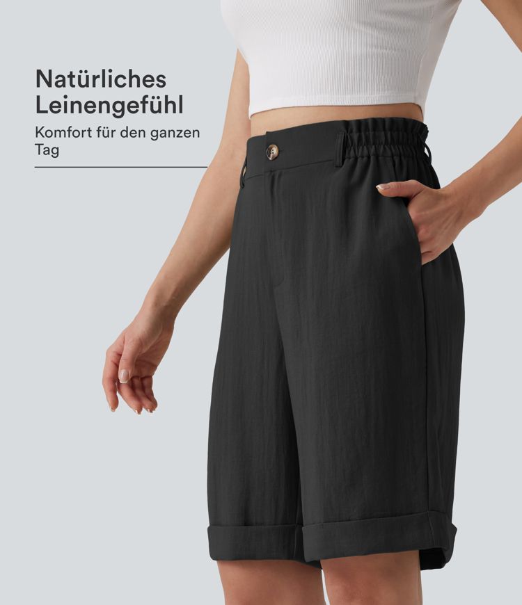 Urlaubs-Bermuda-Shorts in Leinenoptik mit hohem Bund, Seitentaschen und umgeschlagenem Saum