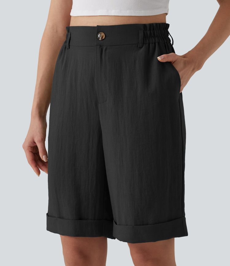 Urlaubs-Bermuda-Shorts in Leinenoptik mit hohem Bund, Seitentaschen und umgeschlagenem Saum