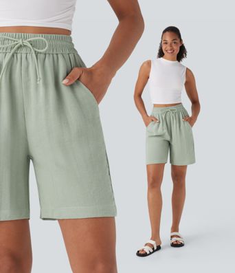 Lässige Shorts mit Leinen-Feeling, hohem Bund, Seitentaschen und Kordelzug