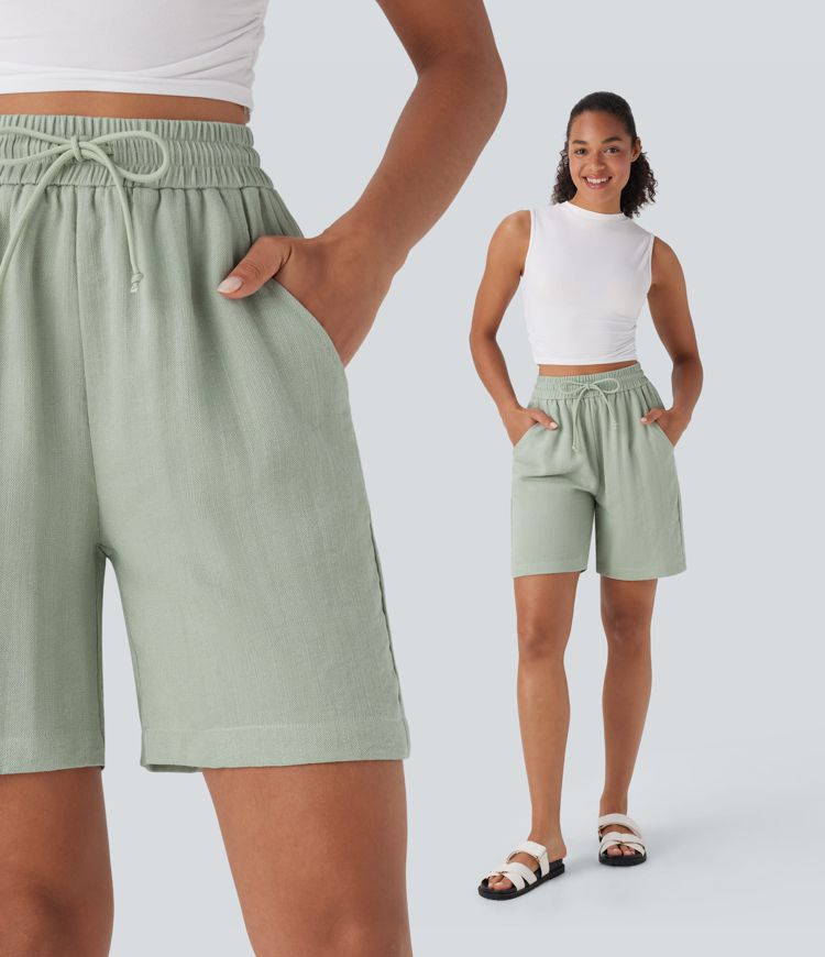 Lässige Shorts mit Leinen-Feeling, hohem Bund, Seitentaschen und Kordelzug