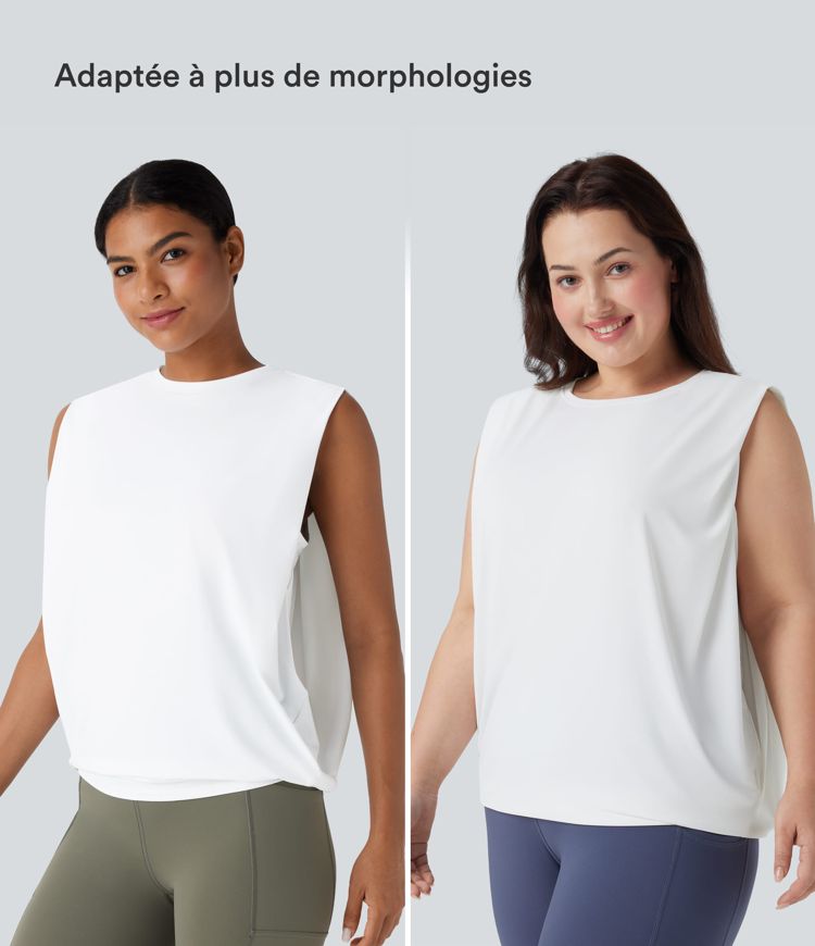 Débardeur de yoga col rond froncé, tissu rafraîchissant - Protection UPF50+ Débardeur de yoga col rond froncé, tissu rafraîchissant - Protection UPF50+