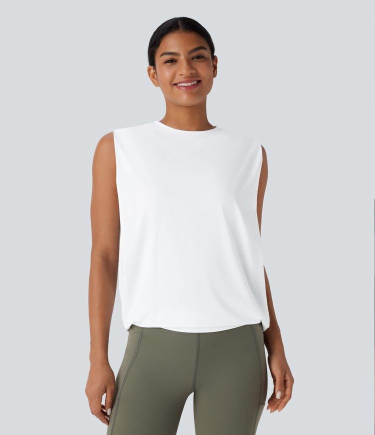 Débardeur de yoga col rond froncé, tissu rafraîchissant - Protection UPF50+ Débardeur de yoga col rond froncé, tissu rafraîchissant - Protection UPF50+