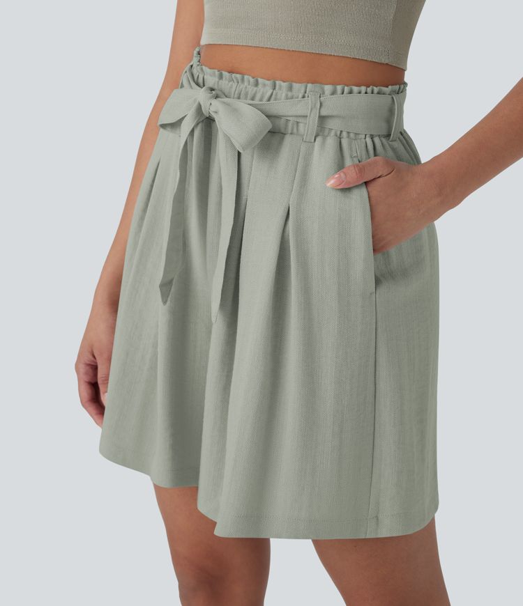 Bermuda décontracté taille haute effet lin avec ceinture et poches latérales Bermuda décontracté taille haute effet lin avec ceinture et poches latérales