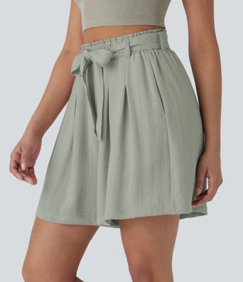 Bermuda décontracté taille haute effet lin avec ceinture et poches latérales Bermuda décontracté taille haute effet lin avec ceinture et poches latérales